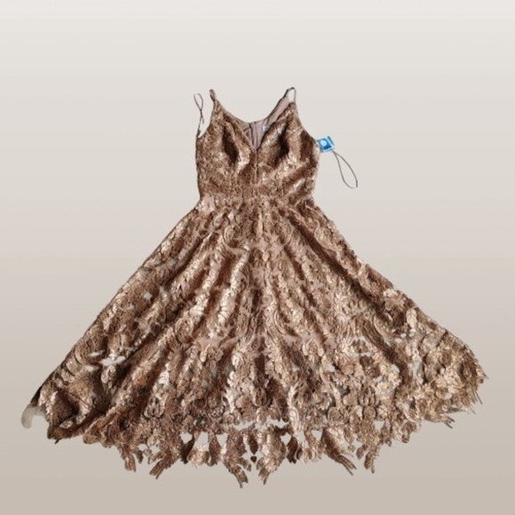 New No Tags Dress the population Gold Lace Fit & Flare Midi Dress Cocktail XS - Picture 2 of 3